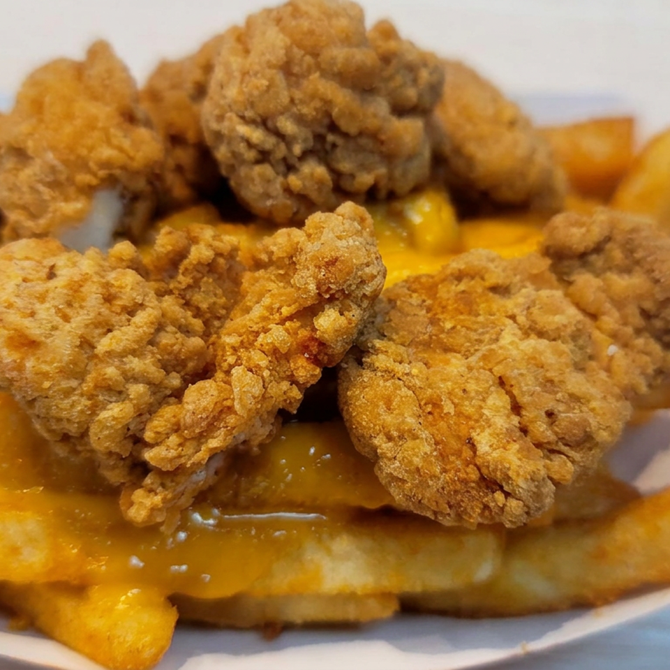 Plate of crispy fried chicken pieces and golden fries drizzled with brown gravy.