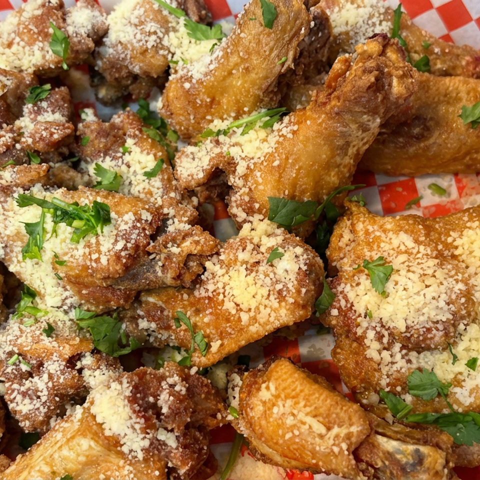 Crispy fried chicken wings and pieces topped with grated cheese and parsley, served in a foil-lined basket with checkered paper.