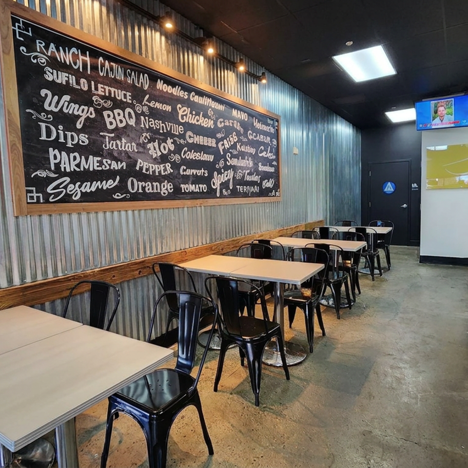 Industrial-style restaurant dining area with empty tables, black chairs, corrugated metal walls, and a chalkboard menu.