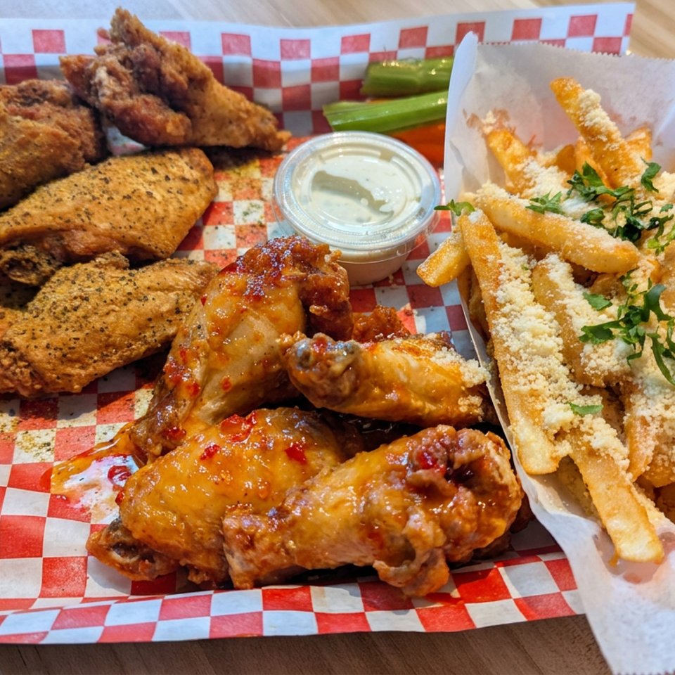 Tray of assorted fried chicken wings, golden fries topped with grated cheese and herbs, green beans, and dipping sauce.