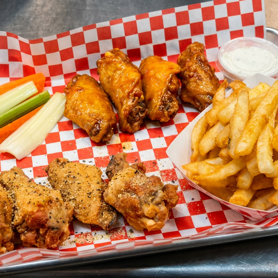 Tray of sauced and fried chicken wings, French fries, celery, carrots, and dipping sauce on red-checkered paper.