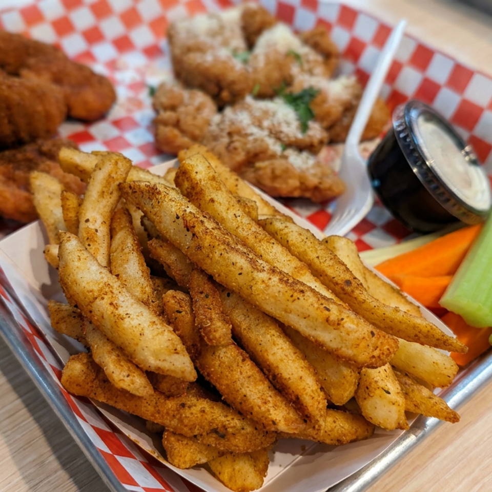 Basket of seasoned fries with fried chicken, celery, carrots, and dipping sauce on red-and-white checkered paper.