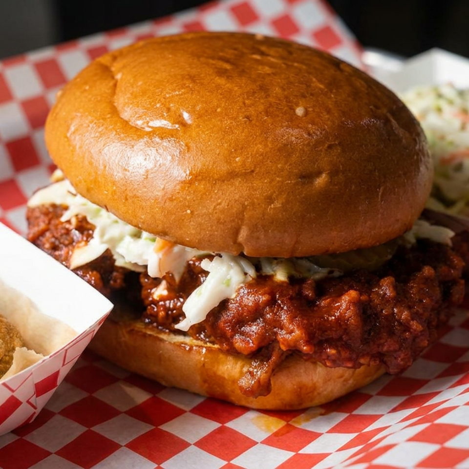 Barbecue sandwich on a brioche bun with coleslaw, served alongside fried bites and more coleslaw on red-checkered paper.