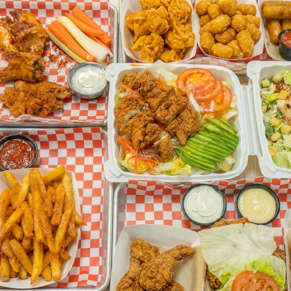 Assorted fried chicken, wings, tenders, fries, salads, appetizers, dipping sauces, vegetables, and drinks arranged on checkered trays.