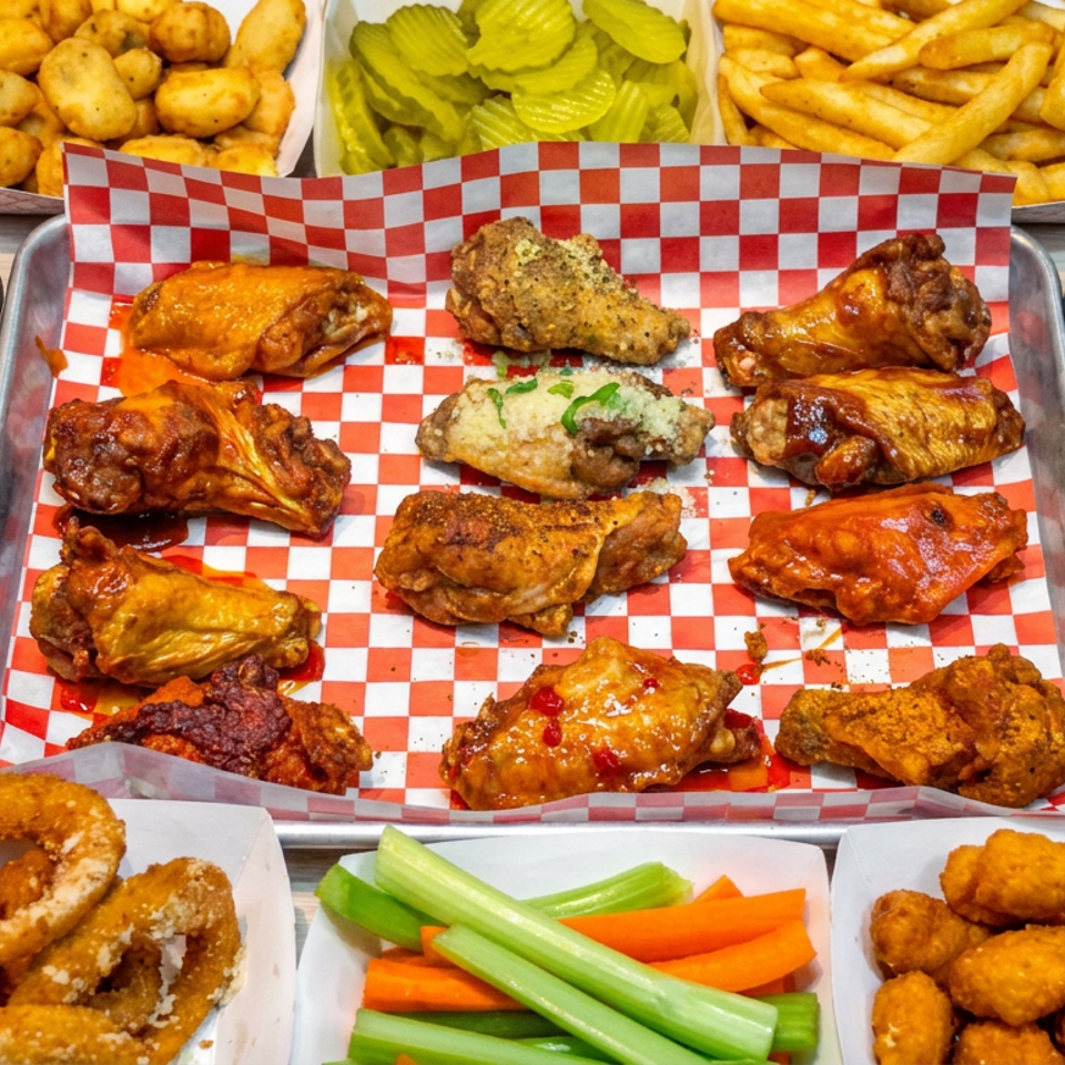 Assorted sauced chicken wings on a checkered tray, surrounded by dipping sauces, fries, pickles, onion rings, vegetables, and chicken bites.
